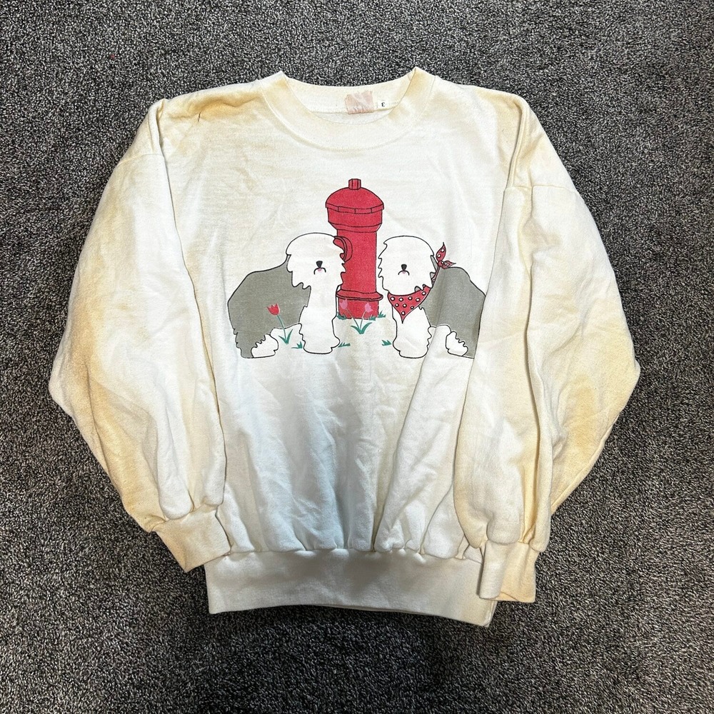 Vtg Kombi Sweatshirt Unisex S White Fair Novelty Christmas Sheepdog Fire Hydrant